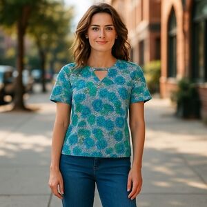 Banana Republic Floral Flutter‑Sleeve Blouse  Size S Blue & Yellow Excellent